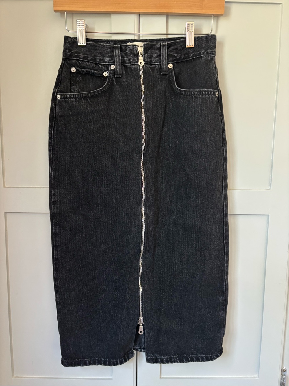 Etica Black Zip-Front Straight Denim Skirt